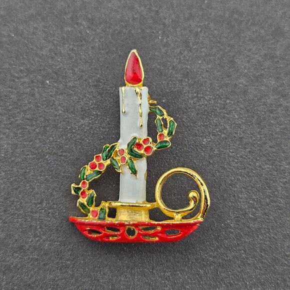 Christmas Candle Brooch Pin Red Gold Tone Candlestick Rustic Traditional Holiday - Picture 1 of 3